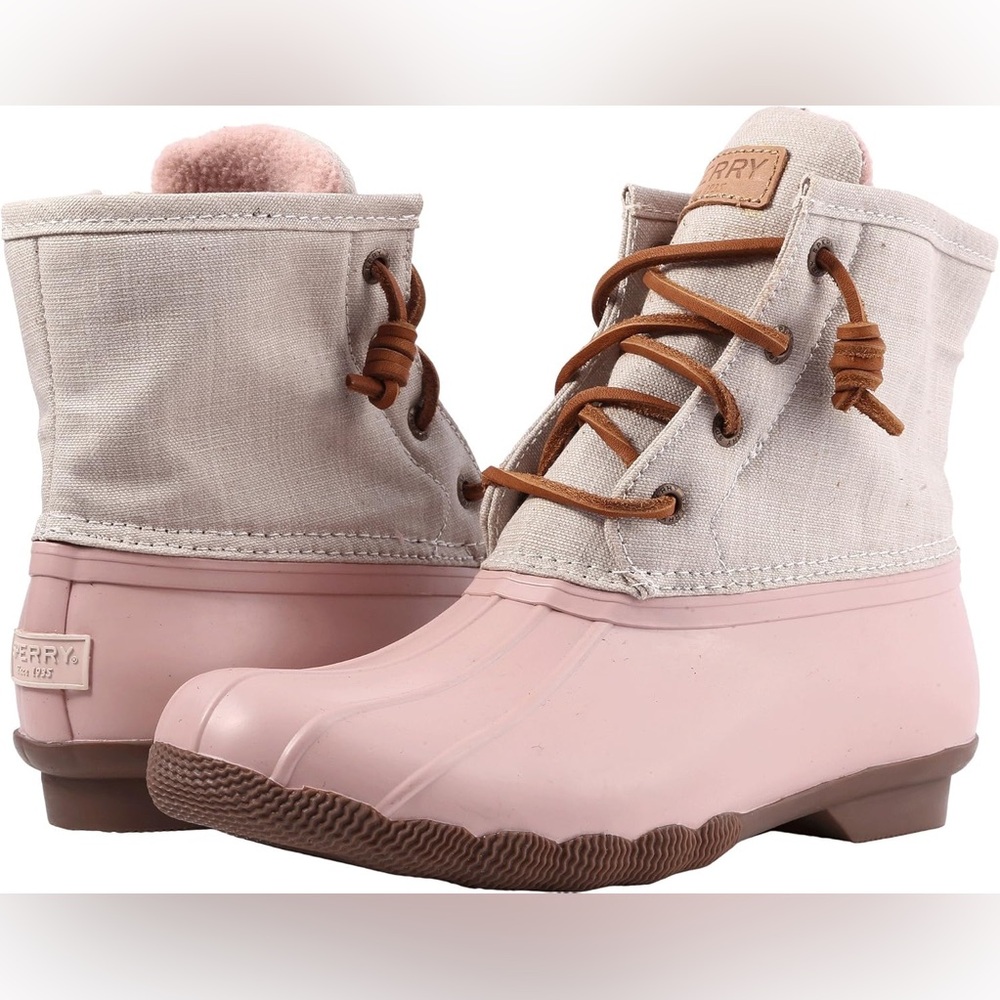 Sperry Women's Saltwater Canvas Duck Boot in Blush Rose Pink & Oat Cream Color